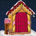 Christmas fairy house. New Year, winter illustration with a sweet house and snow.